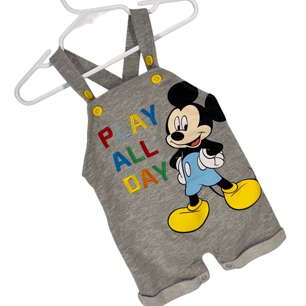 Disney Baby Mickey Mouse Play All Day Gray Overalls Romper 6/9M